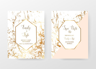 Marble wedding invitation cards with  gold geometric shapes and golden texture.