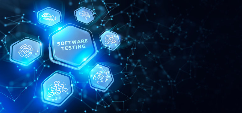 Inscription SOFTWARE TESTING on the virtual display. Business, modern technology, internet and networking concept