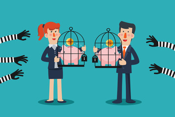 Thieves stealing money from piggy bank. Piggy bank protection design illustration. Insurance policy and business strategy vector concept