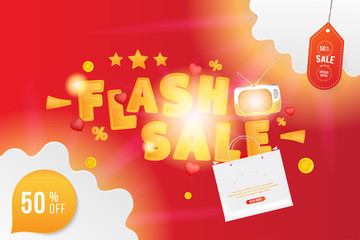 Flash sale of 50% special offer. Horizontal web banner with hot discounts and original font, retro TV and red hearts on a red background with clouds and light effects. Flat vector illustration EPS10