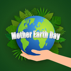 Mother Earth Day concept infographic, Earth in hand with tropical leaves on green background