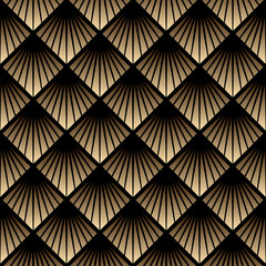 Golden art deco linear geometric seamless scale pattern on black background.
