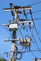 Outdoor electricity poles linked to the building can still be seen in Thailand as basic utilities...
