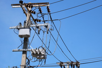 Outdoor electricity poles linked to the building can still be seen in Thailand as basic utilities...