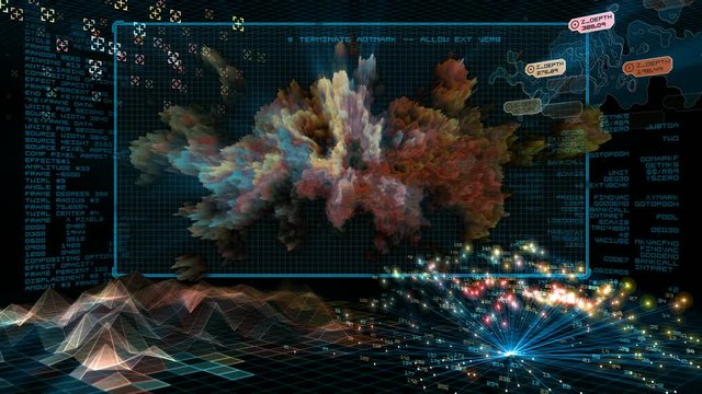 Sci-fi data analysis display loop. Animated 3D graphs of fractal turbulence, with scrolling computer code.