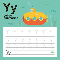 Naklejka premium Alphabet tracing worksheet for preschool and kindergarten to improve basic writing skills, letter Y, yellow submarine, vector, illustration 