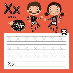 Alphabet tracing worksheet for preschool and kindergarten to improve basic writing skills, letter X, X-ray, vector, illustration 