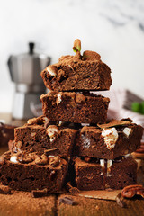 Chocolate brownie with marshmallows and mint