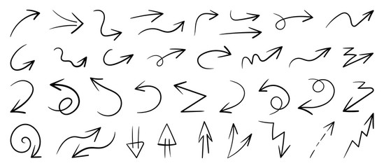 Arrows hand drawn doodle vector set. Sketch arrow design for application, banner, print screen, pen marks, map and typography design guide line.