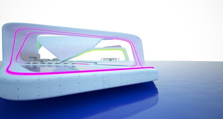 Abstract architectural concrete and wood interior of a modern villa on the sea with colored neon lighting. 3D illustration and rendering.