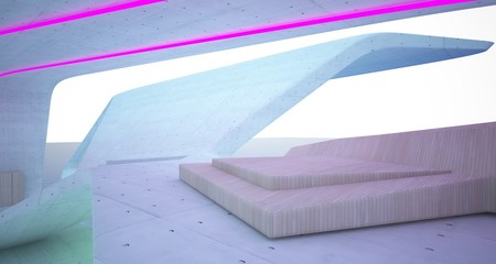 Abstract architectural concrete and wood interior of a modern villa on the sea with colored neon lighting. 3D illustration and rendering.