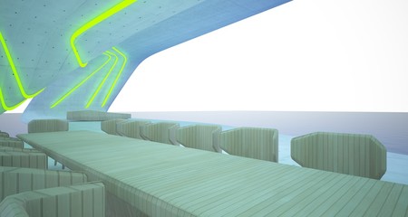 Abstract architectural concrete and wood interior of a modern villa on the sea with colored neon lighting. 3D illustration and rendering.