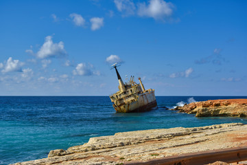 abandoned ship Edro III near the beach of Paphos on a Sunny summer day