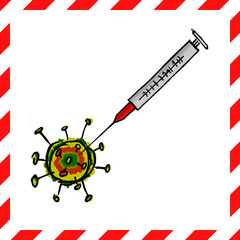 Minimal simple hand drawn concept of a virus being vaccinated.