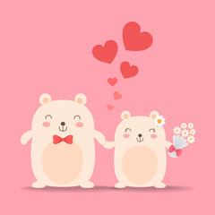 Little cute bears in love, wedding couple. Vector illustration.
