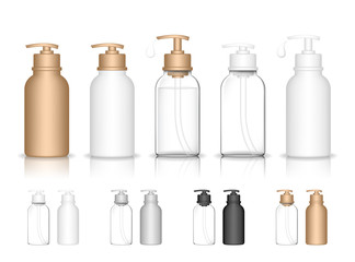 Cosmetic plastic bottle with dispenser pump. Liquid container for gel, lotion, cream, shampoo, bath foam. Beauty product package, vector illustration.