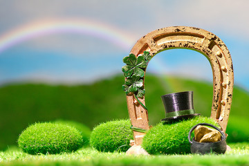 Rainbow with Leprechaun Hat, Golden Horseshoe and a Pot of Gold