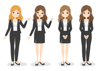 Fototapeta na wymiar Young business woman in office clothes with different hand poses and color of hair. Flat cartoon girl in formal uniform (dress, pants, suit). Vector illustration.