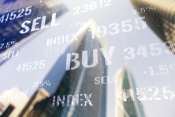 Multi exposure of abstract financial chart on office buildings background, research and analytics concept