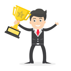 business man is happy with his success holding the award trophy vector illustration flat design