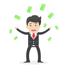 happy businessman with lots of money falling cartoon vector vector illustration flat design