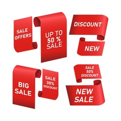 Vector collection of red sale tags with text. Labels or Ribbons for banners and posters design