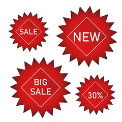 Vector collection of red sale tags with text. Labels or Ribbons for banners and posters design