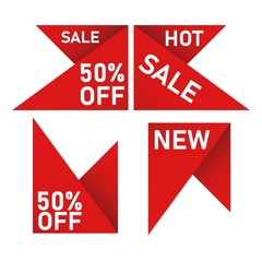 Vector collection of red sale tags with text. Labels or Ribbons for banners and posters design