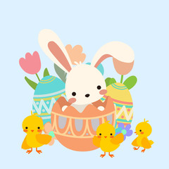 Cute kawaii cartoon flat vector easter white bunny, rabbit sit, hide in egg with ornamental decorative eggs and spring flowers and yellow chicken