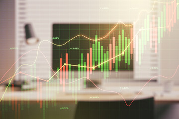 Multi exposure of abstract financial graph on laptop background, financial and trading concept