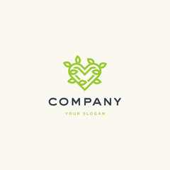 Green heart, leaf love logo design vector illustration template