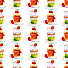 Seamless background. Watercolor illustration of a cake. Sweet dessert with berries, cream, meringues.
