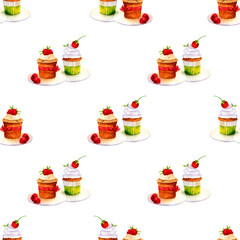 Seamless background. Watercolor illustration of a cake. Sweet dessert with berries, cream, meringues.