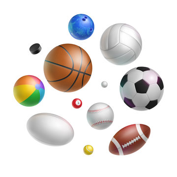 Realistic balls set for various sports games. Golf, soccer, hockey, bowling and billiard sports equipment isolated on white background. Sports competition and outdoors activity vector illustration