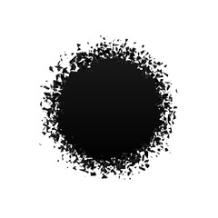 exploding round with debris. Isolated black circle on white background. Concept, template for sale. 3d effect of particles. Vector illustration EPS 10