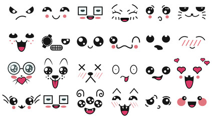 Kawaii cute faces. Manga style eyes and mouths. Funny cartoon japanese emoticon in in different expressions. For social networks. Expression anime character and emoticon face illustration. Background.