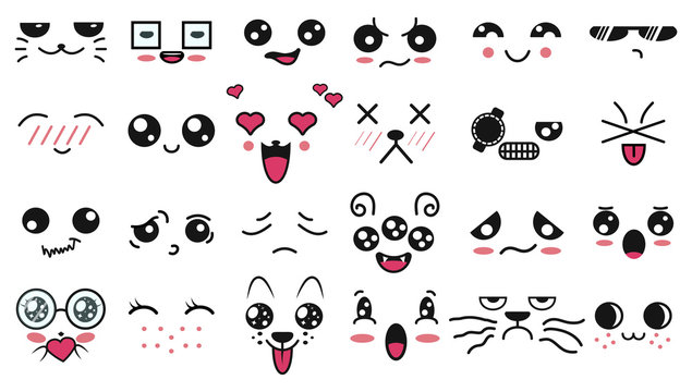 Kawaii cute faces. Manga style eyes and mouths. Funny cartoon japanese emoticon in in different expressions. For social networks. Expression anime character and emoticon face illustration. Background.