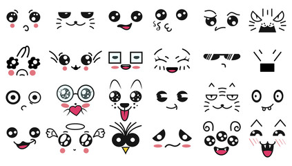 Kawaii cute faces. Manga style eyes and mouths. Funny cartoon japanese emoticon in in different expressions. For social networks. Expression anime character and emoticon face illustration. Background.