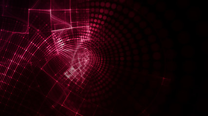 Abstract red and black background element. Fractal graphics 3d illustration. Wide format composition of grid cells and circles. Information technology concept.