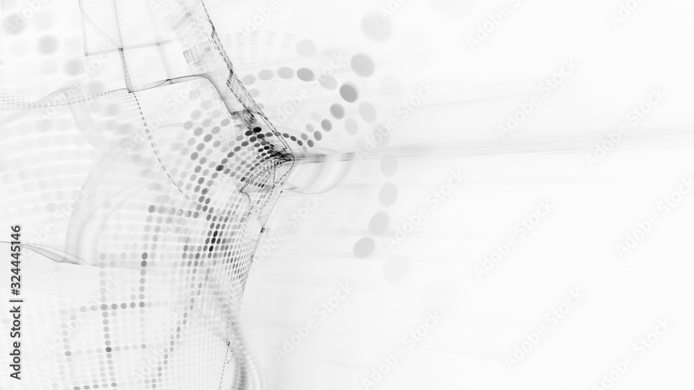 Fototapete Abstract white and black background element. Fractal graphics 3d illustration. Wide format composition of grid cells and circles. Information technology concept.