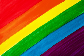 Hand drawn rainbow striped watercolor background close up, LGBT community flag colors diagonal lines backdrop, LGBTQ pride art pattern, gay, lesbian etc wallpaper design, sign, symbol, text copy space