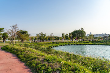 Obraz premium Taichung Central Park at the Shuinan Economic and Trade Area in blue sky sunny day. Former Shuinan Airport, lot of green space in here, the second largest park in Taiwan. Xitun District, Taichung City