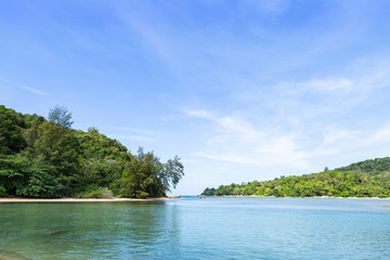 Green island with blue sky and clear sea water, nature concept, summer holiday destination, paradise island