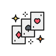 Magic playing cards flat color line icon.