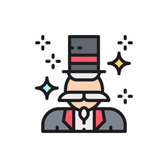 Vector magician, illusionist flat color line icon.