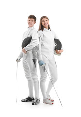 Young fencers on white background