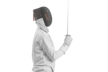Young fencer on white background