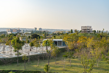 Taichung Central Park at the Shuinan Economic and Trade Area in blue sky sunny day. Former Shuinan Airport, lot of green space in here, the second largest park in Taiwan. Xitun District, Taichung City