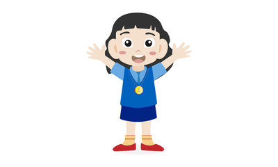 cute little girl with medal isolated on white background, cartoon style