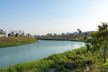 Taichung Central Park at the Shuinan Economic and Trade Area in blue sky sunny day. Former Shuinan Airport, lot of green space in here, the second largest park in Taiwan. Xitun District, Taichung City